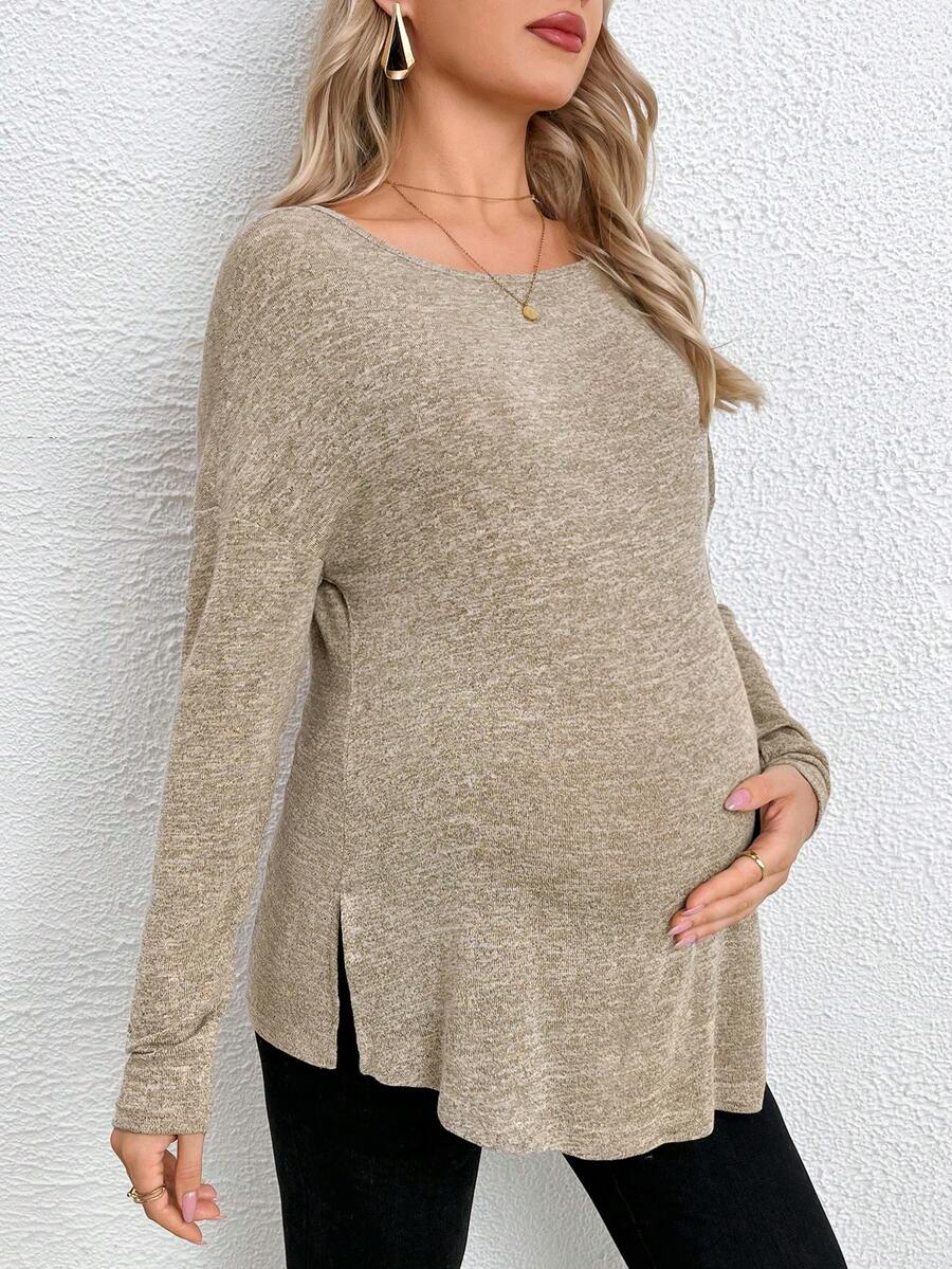 SHEIN Maternidad Camiseta tejido jaspeado bajo con abertura - Caqui - Ver 1