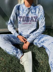 RueChic Nhuộm buộc Thêu Mẫu chữ Bộ giản dị - Màu xanh lam - Xem 1