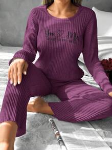 RueChic Women's Letter Print Ribbed Knit Lounge Wear Set - Red Violet - View 1