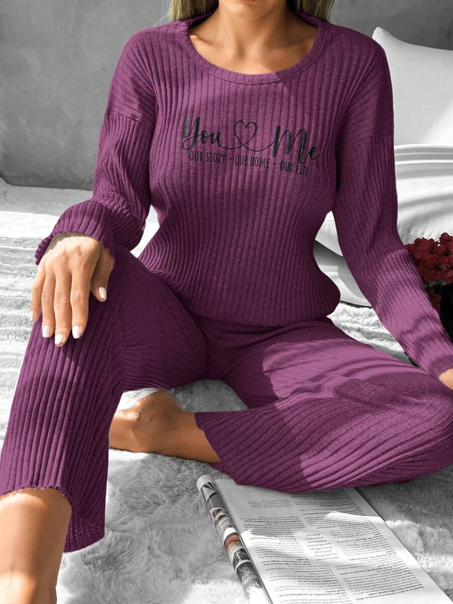 RueChic Women's Letter Print Ribbed Knit Lounge Wear Set - Red Violet - View 1