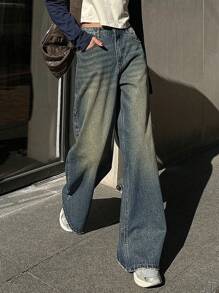 Dazy Star 女款斜口袋高腰寬腿牛仔褲 - 深色水洗藍 - 查看 3