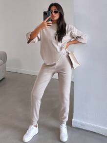 EURMUSE Solid Drop Shoulder Top & Sweatpants - Beige - View 4