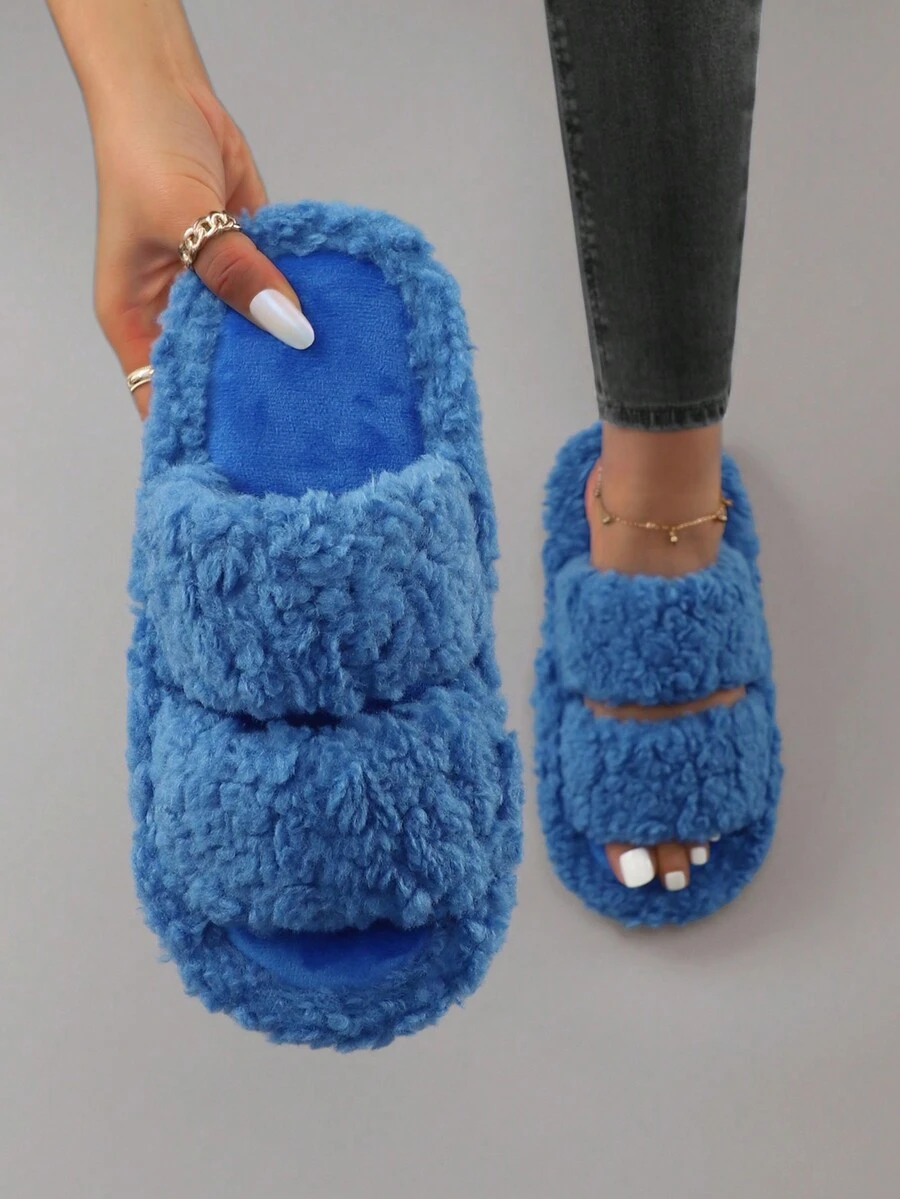 時尚彩色泰迪熊雙帶厚底防滑女拖鞋 - 寶藍色 - 查看 1