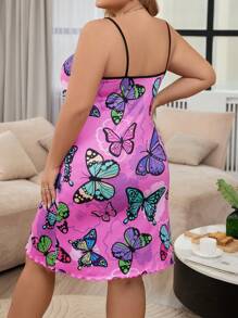 Camisón de pijama con estampado floral y de mariposas para tallas grandes - Rosa Fucsia - Ver 2