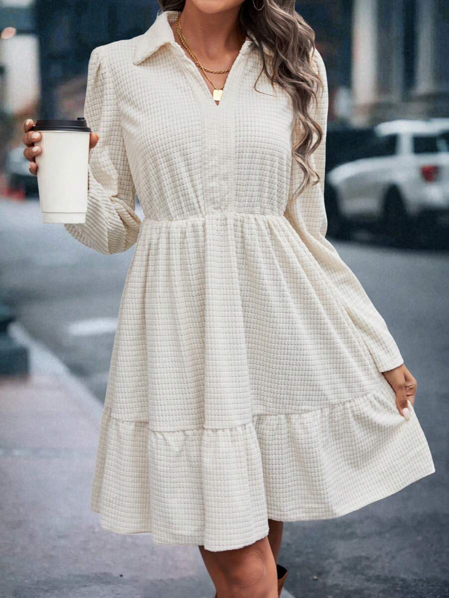 SHEIN LUNE Solid Ruffle Hem Shirt Dress - Apricot - View 1