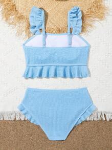 Bikini Estilo Camiseta Para Niñas En Edad Intermedia, De Un Solo Color Con Volantes Y Tela Especial - Azul - Ver 2