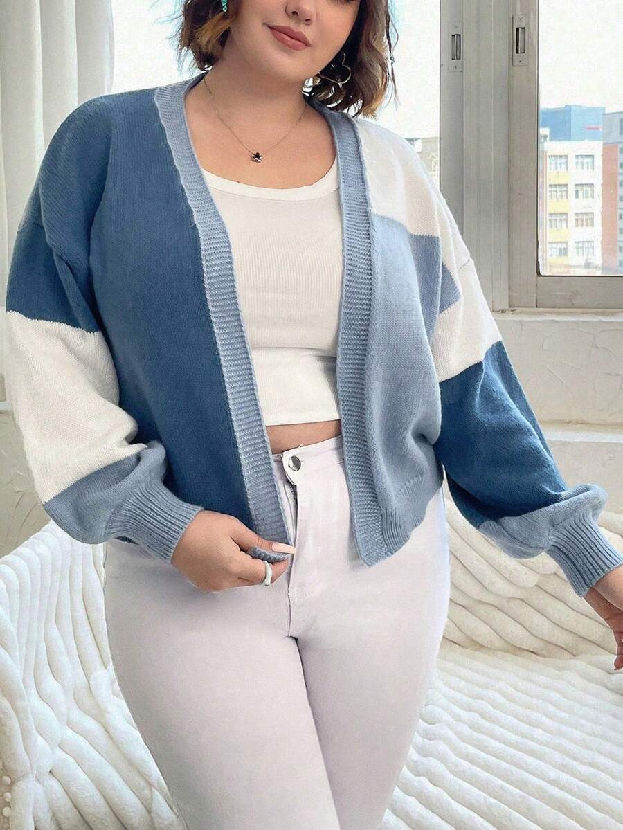 Flirla Cárdigan con bloque de color y hombros caídos talla grande - Azul - Ver 1
