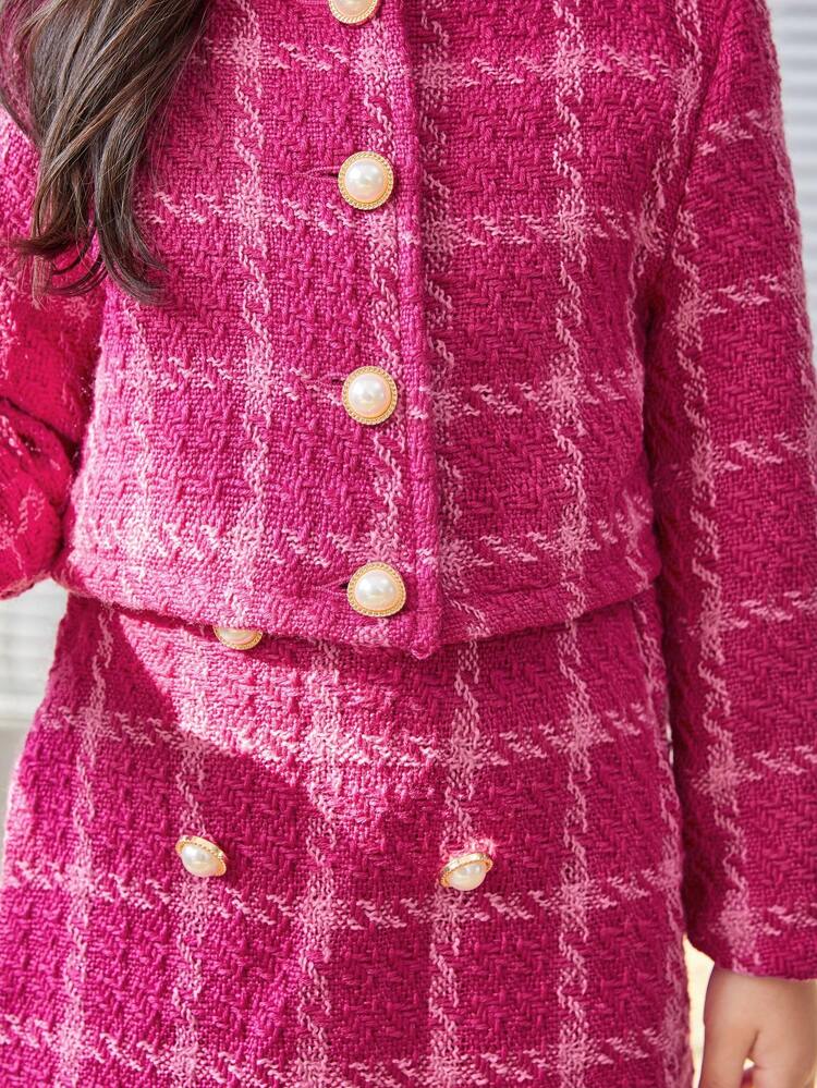Little Girls' Vintage Style Woolen Jacket With Pearl Button & A-line Skirt Set