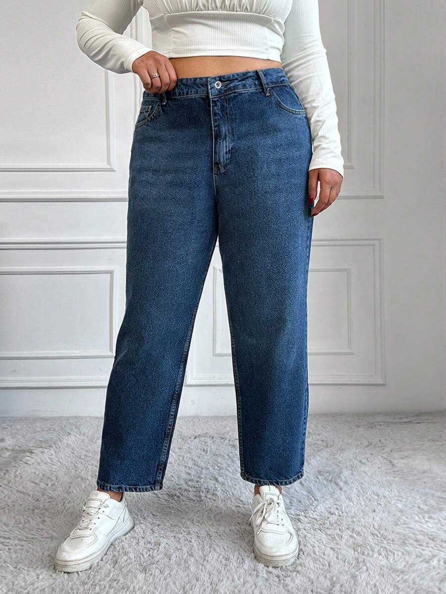 RueChic Plus Zipper Fly Mom Fit Jeans - Dark Wash - View 1