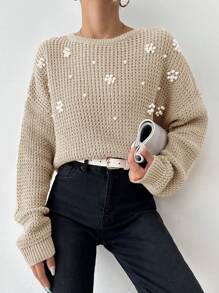 Women's Faux Pearl Flower Decor Drop Shoulder Sweater - Beige - View 1