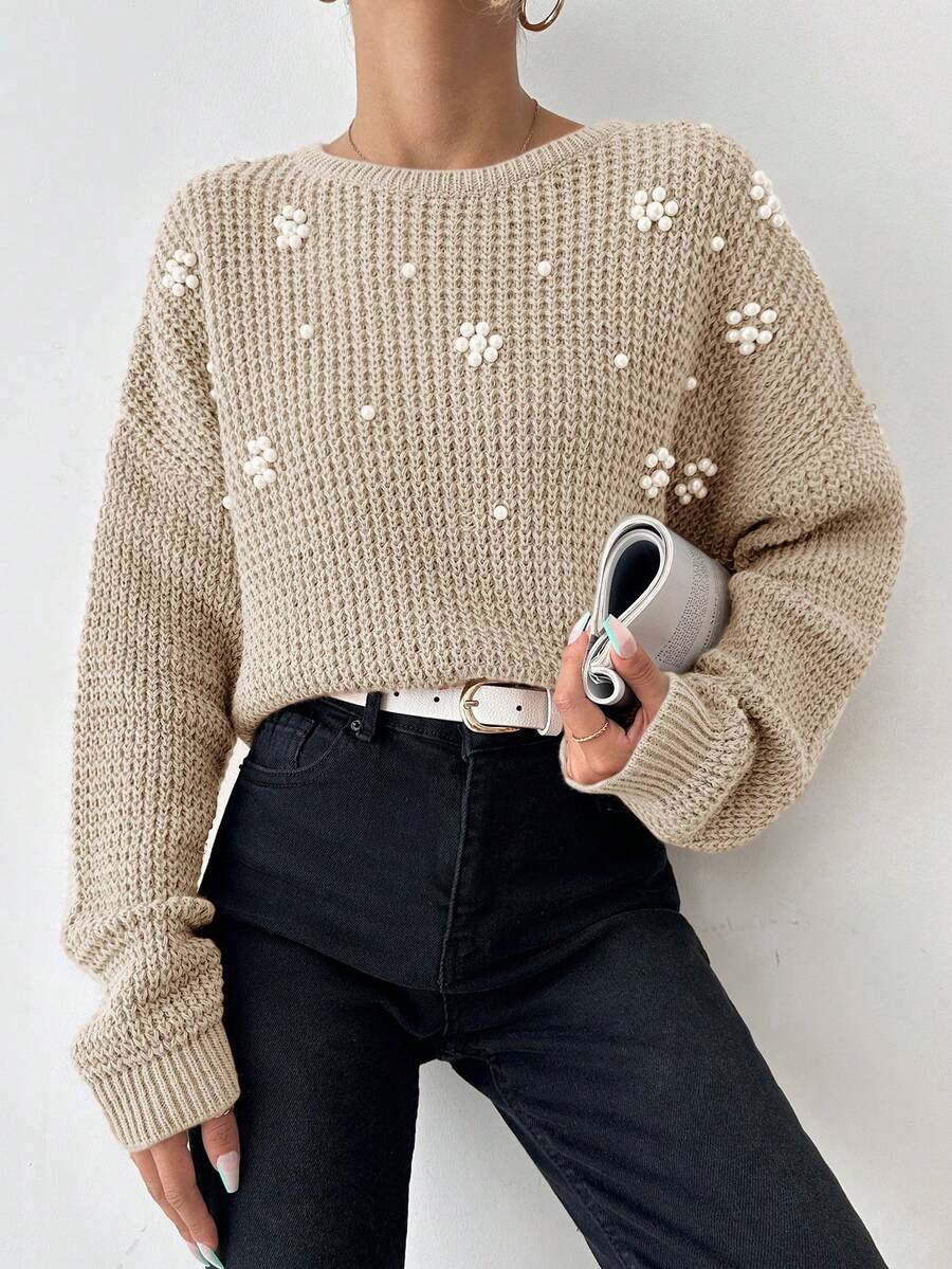 Women's Faux Pearl Flower Decor Drop Shoulder Sweater - Beige - View 1