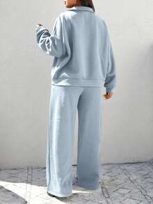 SHEIN Cottnline Plus Size Solid Color Fleece Hoodie And Exposed Seam Sweatpants Two Piece Set - Baby Blue - View 2