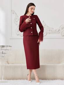 Modelyn Women's 2pcs/Set Dress With Wide Straps And Cuffs Coat - Red - View 5