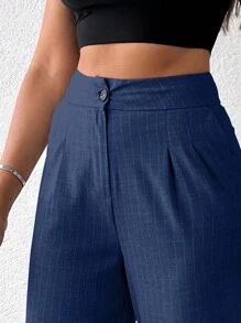 EURMUSE Straight High Waisted Straight Suit Pants With Slant Pockets - Navy Blue - View 3