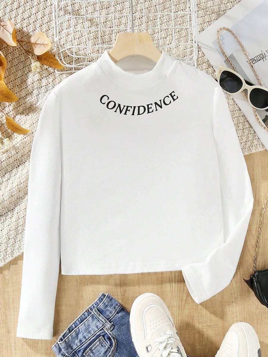 SHEIN 女大童字母圖案小高領T恤 - 白色 - 查看 1