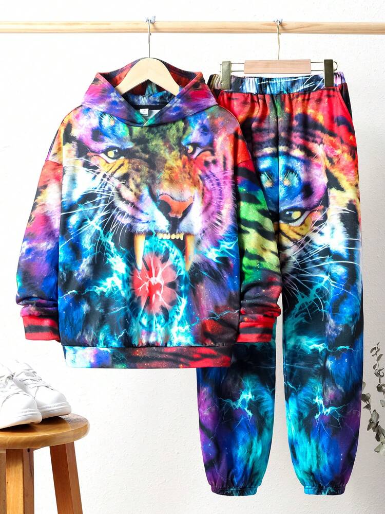 Boys' Casual Hoodie & Pants Knitted Set With Tiger Print, For Big Kids