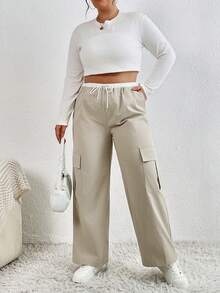 SHEIN Essnce 大碼褲子 - 卡其色 - 查看 4