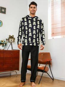 Men Cartoon Graphic Hooded Sleep Top - Black - View 7