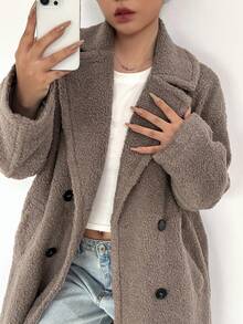 SHEIN EZwear 西裝領雙排釦絨毛外套 - 棕色 - 查看 5