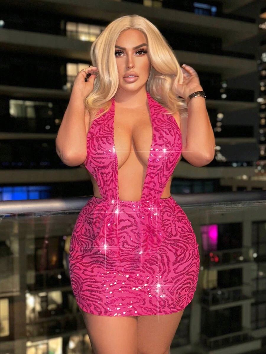 SHEIN SXY Plus Plunging Neck Backless Sequin Halter Bodycon Dress - Hot Pink - View 1