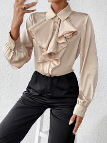 SHEIN Privé Quý cô Màu thuần Xù Hoa Sen Trang trí Áo sơ mi - Rượu sâm banh - Xem 4