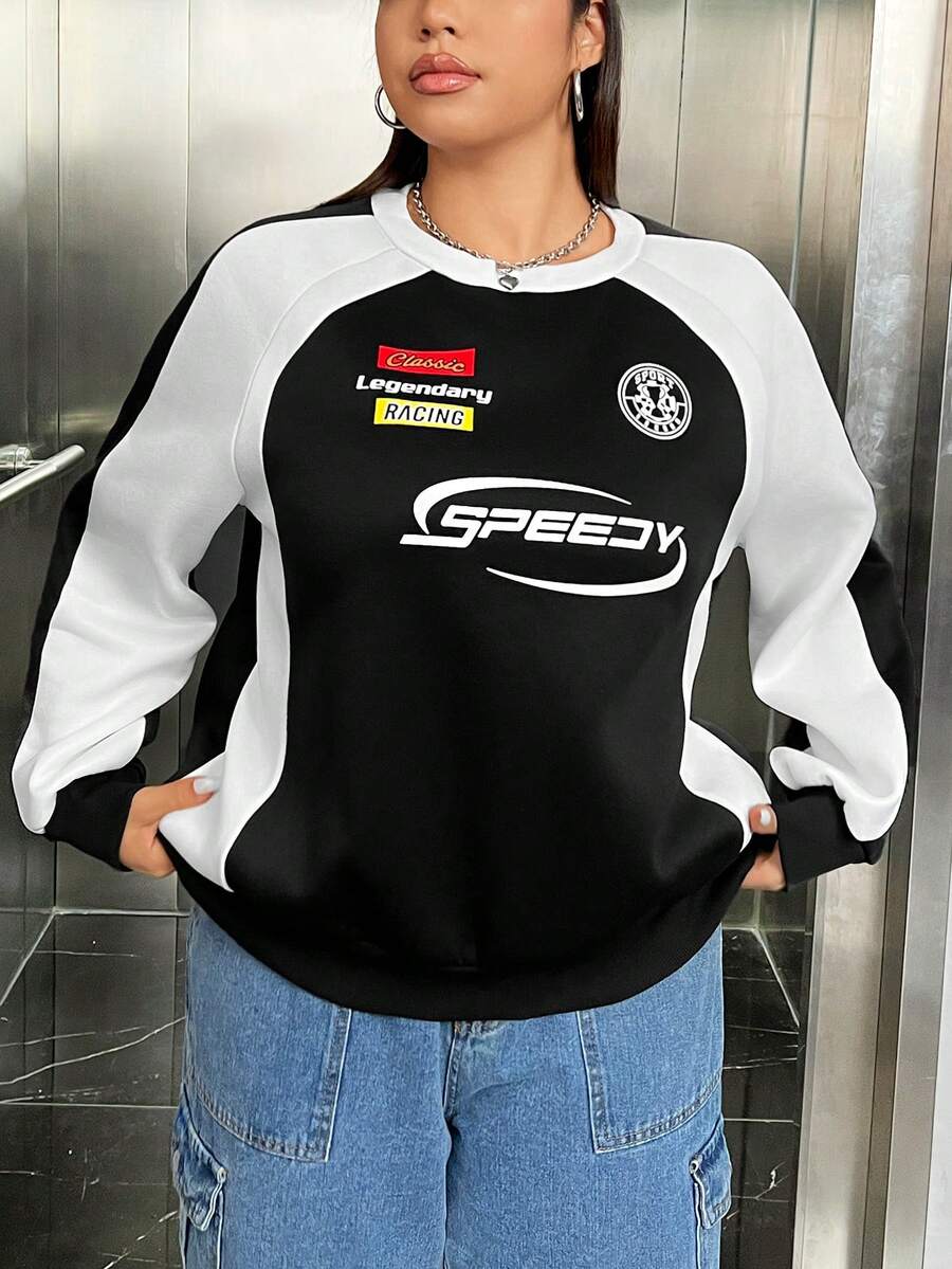 SHEIN EZwear 大碼字母圖案插肩袖運動衫 - 黑與白 - 查看 1