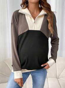 SHEIN Maternity Colorblock Half Zip Drop Shoulder Sweatshirt - Multicolor - View 4