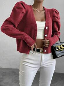 SHEIN Unity 泡泡袖前紐扣開襟衫 - 酒紅色 - 查看 1