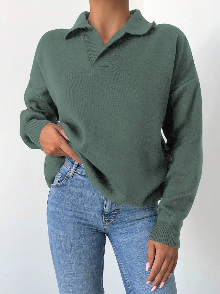 SHEIN Cottnline 女式實色寬鬆落肩休閒毛衣,圓領設計 - 青碧色 - 查看 1