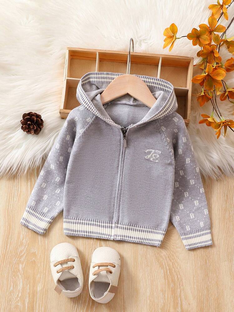 Baby Boy Striped & Letter Pattern Raglan Sleeve Hooded Cardigan