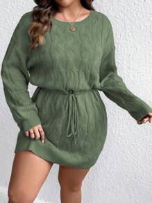 SHEIN LUNE Plus Cable Knit Drop Shoulder Drawstring Waist Sweater Dress - Green - View 3