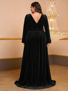 女性加大尺碼天鵝絨閃爍v領燈籠袖晚會連衣裙 - 黑色 - 查看 2