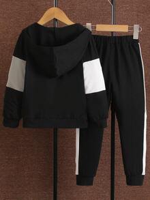 SHEIN Young Boy Colorblock Zipper Up Hooded Sweatshirt & Sweatpants - Grey - View 2