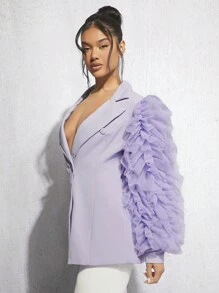 SHEIN BAE 網紗拼接荷葉邊雙排釦前西裝外套 - 紫色 - 查看 4