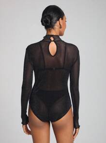 HARRY PAREMOC Designer Women Heart Pattern Lettuce Trim Mock Neck Sheer Mesh Bodysuit Without Lingerie Set, For Holiday, Festival - Black - View 2