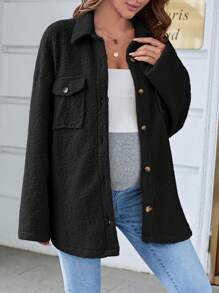 SHEIN 孕婦落肩袖翻蓋口袋絨毛外套 - 黑色 - 查看 7