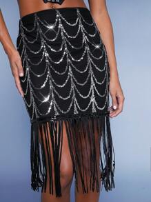 Hauture Fringe Hem Sequin Pattern Skirt