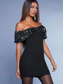 Hauture Off Shoulder Contrast Sequin Bodycon Mini Dress