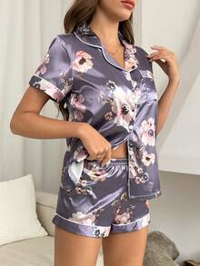 Floral Print Contrast Piping Satin PJ Set - Purple - View 5
