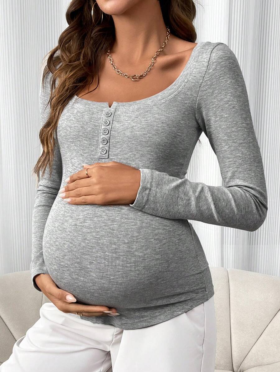SHEIN Maternity Half Button Placket Round Neck T-Shirt With Long Sleeve - Grey - View 1