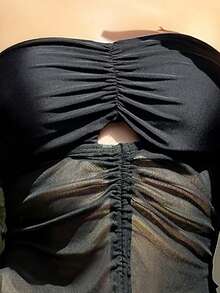 Drawstring Front Bandeau Tankini - Black - View 3