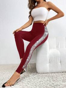 SHEIN Privé 亮片拼接側接縫下擺開叉緊身打底褲 - 紅色 - 查看 1