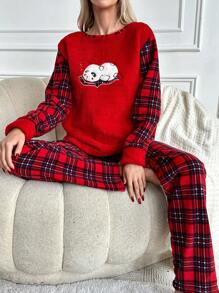 RueChic Cartoon Embroidered Plaid Flannel PJ Set - Red - View 6
