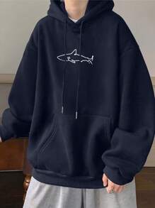 Men Shark Print Pocket Drawstring Hoodie, For Fall - Navy Blue - View 3