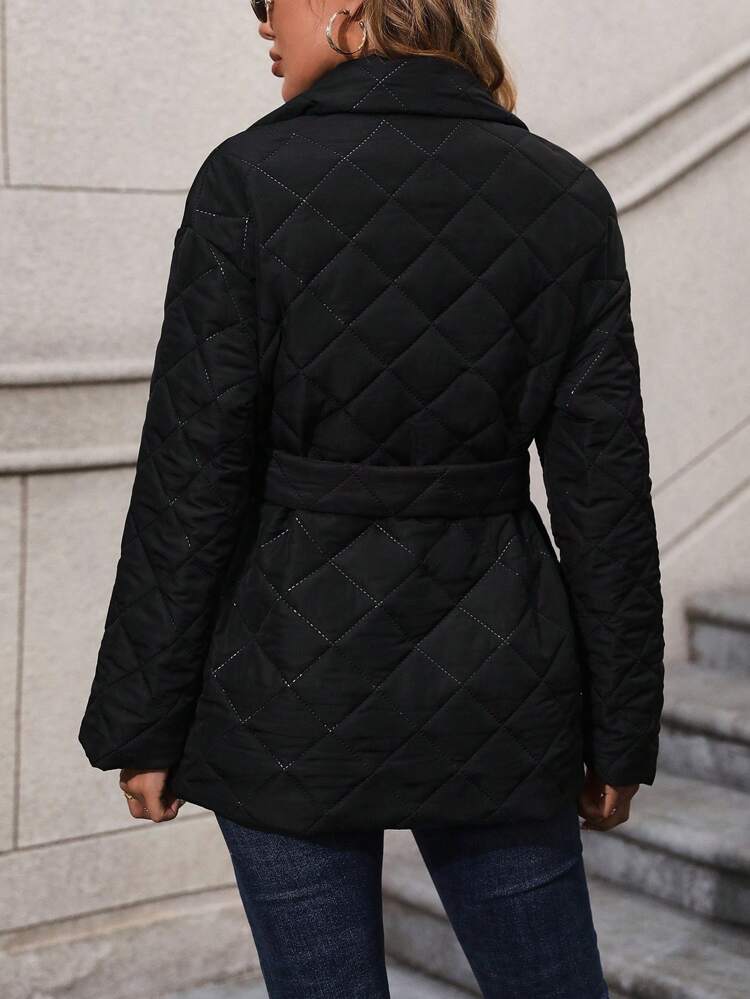 Lapel Neck Slant Pocket Quilted Padded Coat Clothes Winter