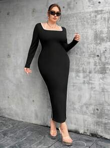 SHEIN ICON Plus Size Women'S Side Slit Dress - Black - View 5