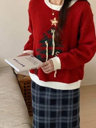 Contrast Trim Cartoon Pattern Drop Shoulder Sweater