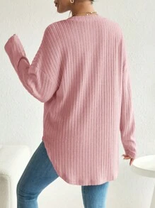 SHEIN Thai sản Màu thuần Cổ chữ V Nút phía trước Cái nĩa cao Thả vai Áo thun - Hồng - Xem 2