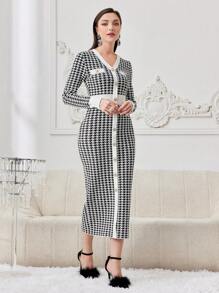 Modelyn Women's Color Block Knitted Sweater Dress With Houndstooth Pattern