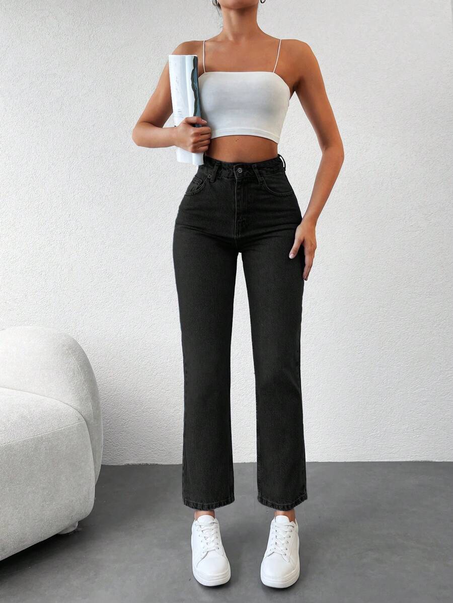 RueChic High Waisted Straight Leg Jeans - Black - View 1